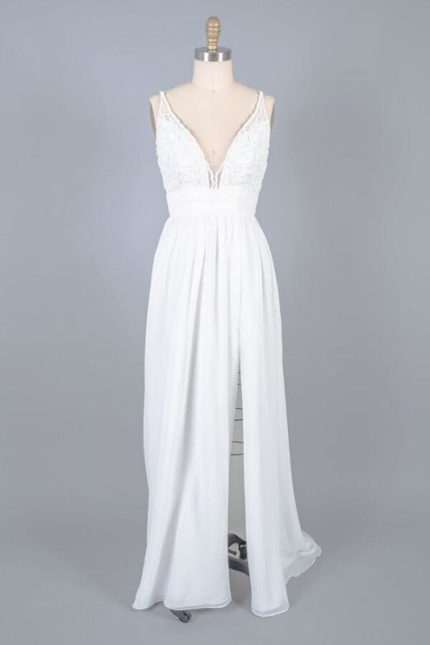 Sheath Wedding Dress with Front Slit and Lace Chiffon Details