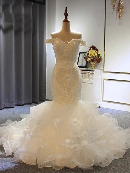 Mermaid Wedding Dresses with Full Beading and Off-the-Shoulder Lace-Up Style