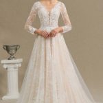 A-Line Wedding Dress with Long Sleeve Lace and Ruffled Tulle Details