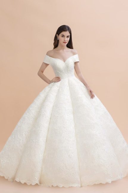 Off-The-Shoulder Lace Beads Ball Gown Wedding Dress with Gorgeous Design