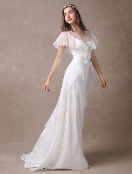 V-Neck Ivory Bridal Wedding Dress with Glamorous Court Train and Beading