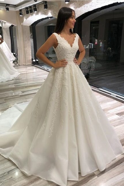 Sophisticated Sleeveless Lace Wedding Dress with V-NeckGlamorous Long A-Line Style