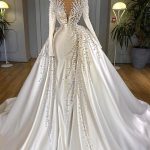 Elegant V-Neck Wedding Dress with Pearls Long Sleeves and Detachable Train