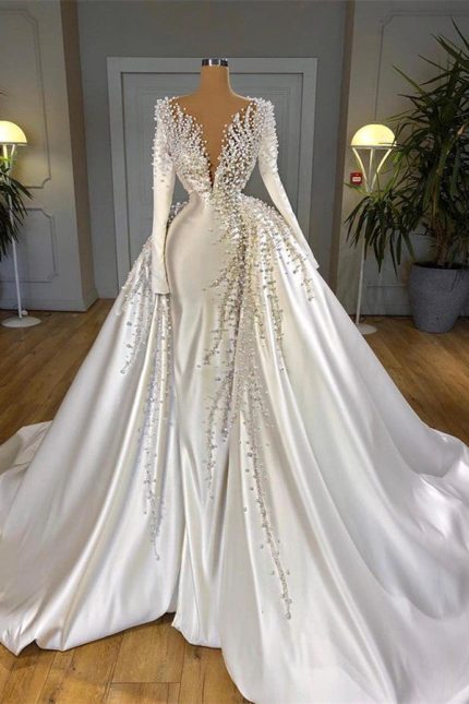 Elegant V-Neck Wedding Dress with Pearls Long Sleeves and Detachable Train