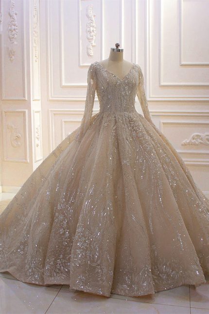 Sparkling V-Neck Sequin Beading Ball Gown Wedding Dress with Glamorous Long Sleeves