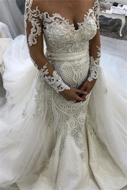 New Arrival Ruffled Mermaid Bridal Gowns with Glamorous Long Sleeves Lace and Tulle