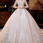 Glamorous V-Neck Ball Gown Wedding Dress with Sequins and Crystals on Long Sleeves