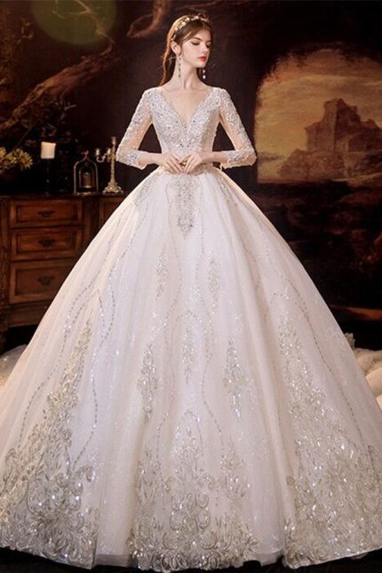 Glamorous V-Neck Ball Gown Wedding Dress with Sequins and Crystals on Long Sleeves