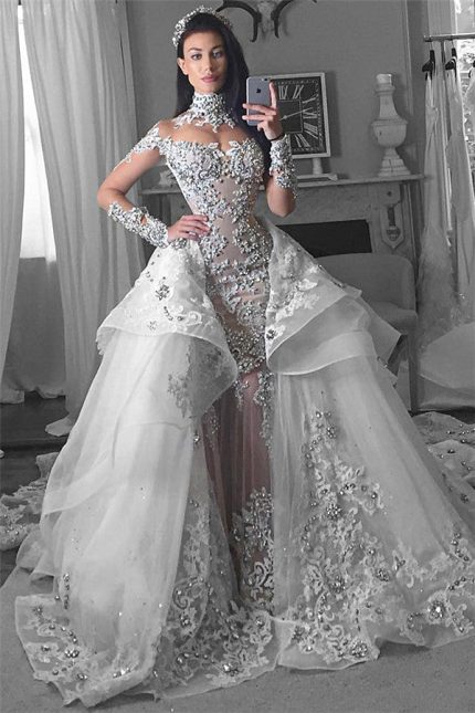 Glamorous Bridal Gowns with Detachable Overskirt Tulle High Neck and Appliques on Long Sleeves