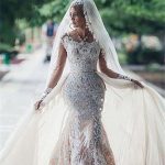 Exquisite Mermaid Bridal Gowns with Lace Scoop Neckline Appliques and Detachable Skirt