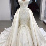 Stylish Sleeveless Lace Wedding Dress with Mermaid Silhouette and Glamorous Overskirt