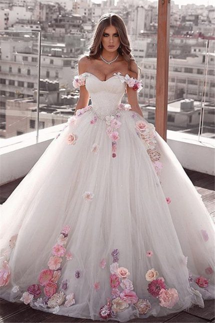 Stunning Flower Ball Gown Wedding Dresses with Off-The-Shoulder Design
