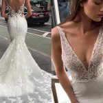 Ruffled Overskirt Bridal Gowns with Spaghetti Deep V-Neck Mermaid Sleeveless Wedding Dress