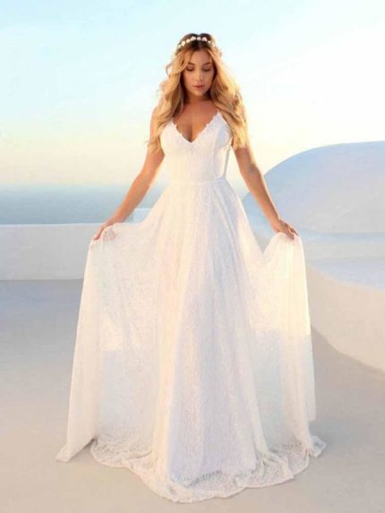 Magnificent Lace A-Line Wedding Dresses with V-Neck and Backless DesignGlamorous Style