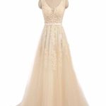 Romantic A-Line Wedding Dresses with V-Neck Lace Ribbon and Glamorous Style