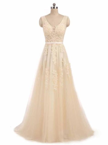 Romantic A-Line Wedding Dresses with V-Neck Lace Ribbon and Glamorous Style