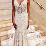 Luxurious White Mermaid Slim Wedding Bridal Dress with V Neck and Lace AppliquesGlamorous Style