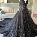 Sparkling Gothic Black Wedding Dress with Embroidered Lace A-Line Silhouette and Cathedral Train