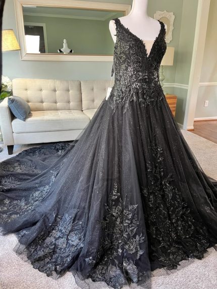 Sparkling Gothic Black Wedding Dress with Embroidered Lace A-Line Silhouette and Cathedral Train