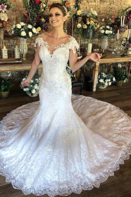 Romantic Mermaid Wedding Dress with Cap Sleeves Lace Bridal Wear and Zipper Backa Gorgeous Style