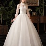 Magnificent High Collar Ball Gown Wedding Dresses with 3/4 Sleeves and Lace-Up Design for a Gorgeous Look