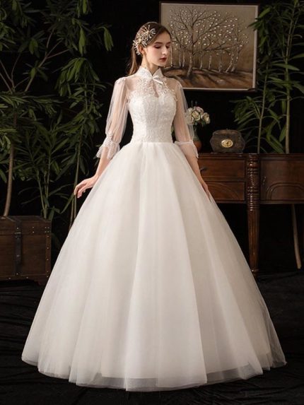 Magnificent High Collar Ball Gown Wedding Dresses with 3/4 Sleeves and Lace-Up Design for a Gorgeous Look