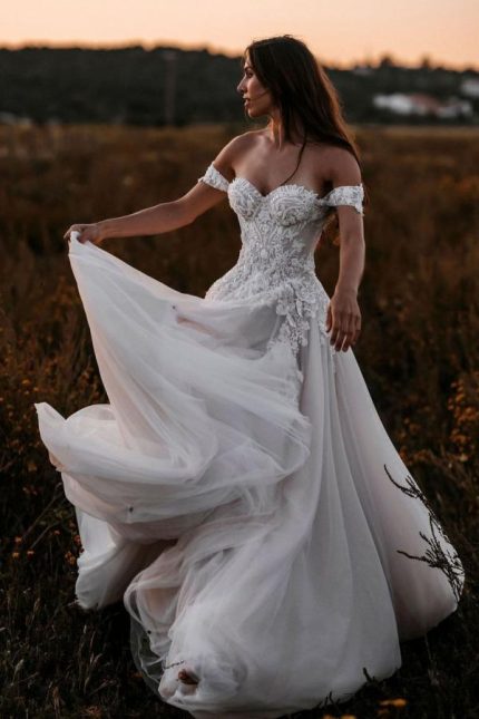 Graceful A-Line Tulle Wedding Dress with Off-the-Shoulder Neckline and Appliques Lace