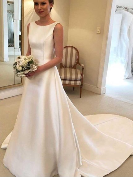 Romantic A-Line Satin Wedding Dresses with Backless Design and Long Silhouette