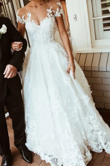Romantic A-Line Tulle Lace Wedding Dress with Jewel Beading and Appliques Lace Backless Design