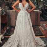 Sparkling A-Line Wedding Dress with V-Neck and 3D Floral Lace Detailsa Gorgeous Style