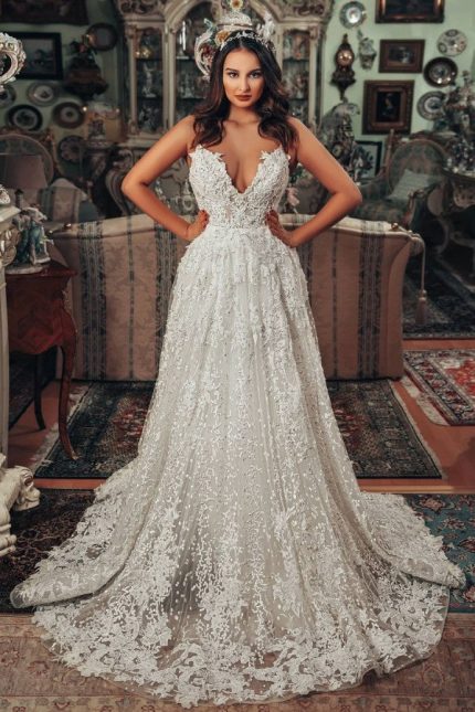 Sparkling A-Line Wedding Dress with V-Neck and 3D Floral Lace Detailsa Gorgeous Style