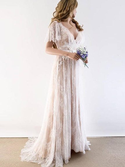 Beautiful V-Neck Lace Wedding Dresses with A-Line Silhouette and Cap Sleevesa Gorgeous Style