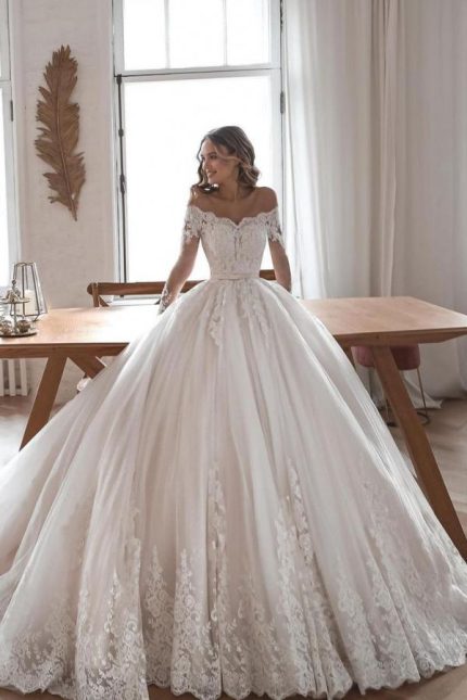 Beautiful Ball Gown Wedding Dresses with Lace and Tulle Featuring Sleevesa Gorgeous Style