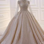 Chic High Neck Sequin Satin Ball Gown Wedding Dress with Sleevesa Gorgeous Style