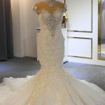 Magnificent Mermaid Wedding Dress with High Neck Appliques Lace and Crystal Tullea Gorgeous Style
