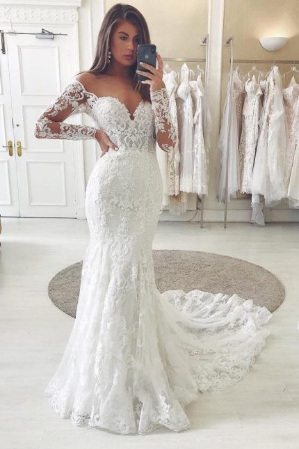 Romantic Mermaid Wedding Dress with Off-the-Shoulder Neckline Lace Details and Sleevesa Gorgeous Style