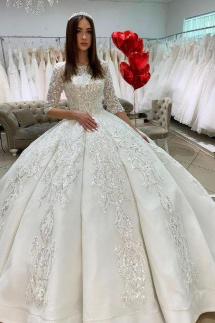 Beautiful Satin Bateau Wedding Dress with Appliques Lace and Sleevesa Gorgeous Princess Style