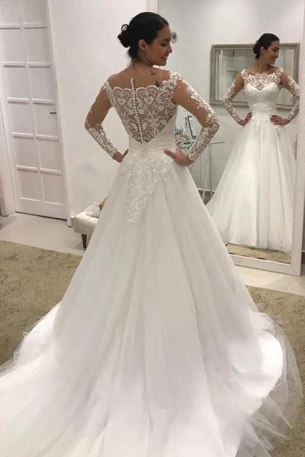 Elegant A-Line Tulle Lace Wedding Dress with Long Sleeves