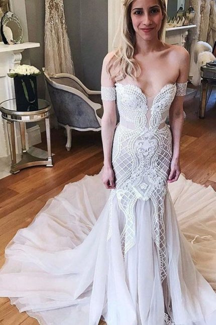 Beautiful Mermaid Ivory Tulle Wedding Dress with Off-the-Shoulder Neckline and Chapel Train