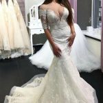 Graceful Sheer Neck Mermaid Wedding Dress with Half Sleeves and Lace Appliques
