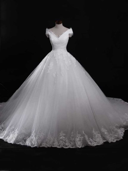 Exquisite Lace Tulle Ball Gown Wedding Dresses with V-Neckline and Ruffles