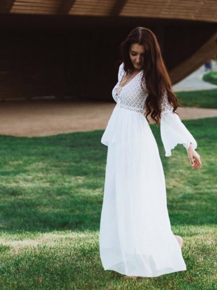 Stunning Long Sleeves Ruffles Wedding Dresses with V-Neckline and Floor Length