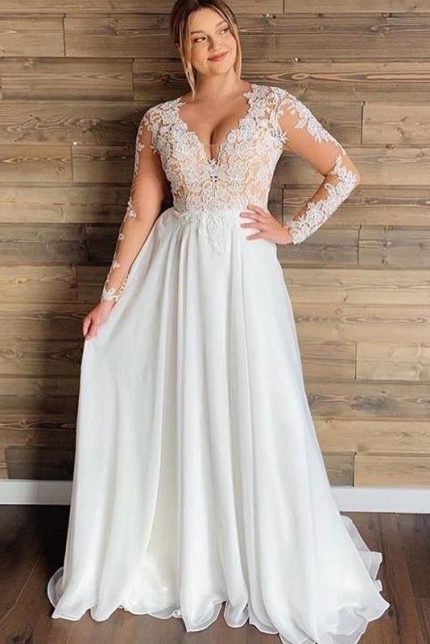 Chic Long Sleeves Lace Ruffles Wedding Dresses with V-Neckline