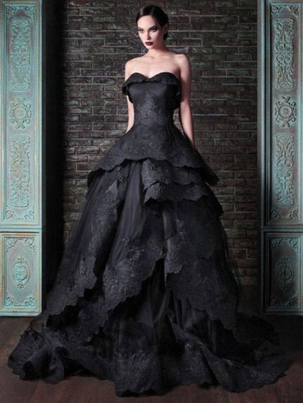Stunning Gothic Bridal Gown with Princess Silhouette Beaded Natural Waist and Court Train
