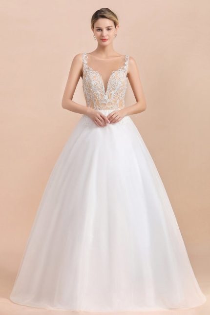 Stunning Illusion Lace Tulle A-Line Wedding Dress with Graceful Silhouette