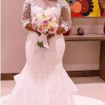 Chic Sheer Tulle Mermaid Wedding Dress with Half Sleeve Scoop Neckline and Lace Appliques