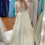 Stunning Ivory Lace Top Long Prom Dresses with Half Sleeves and V-Neckline