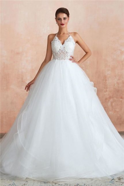 Beautiful Halter Wedding Dress with Appliques and Open Back
