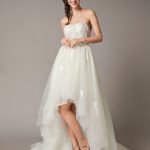 Elegant Summer Beach Bridal Dress with Strapless Lace Bodice Tulle Skirt and High-Low Hem