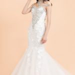 Chic Mermaid Wedding Dress with High Neckline Appliques and Crystal Beads